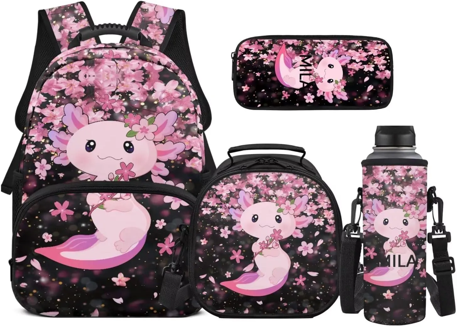 JEOCODY Axolotl Backpack for Girls Kids School Bag and Lunch Box, Cherry Blossom Boys Bookbag 4 Piece School Backpack with Pencil Case and Water Bottle Holder Travel Bag Satchel Daypack for Travel
