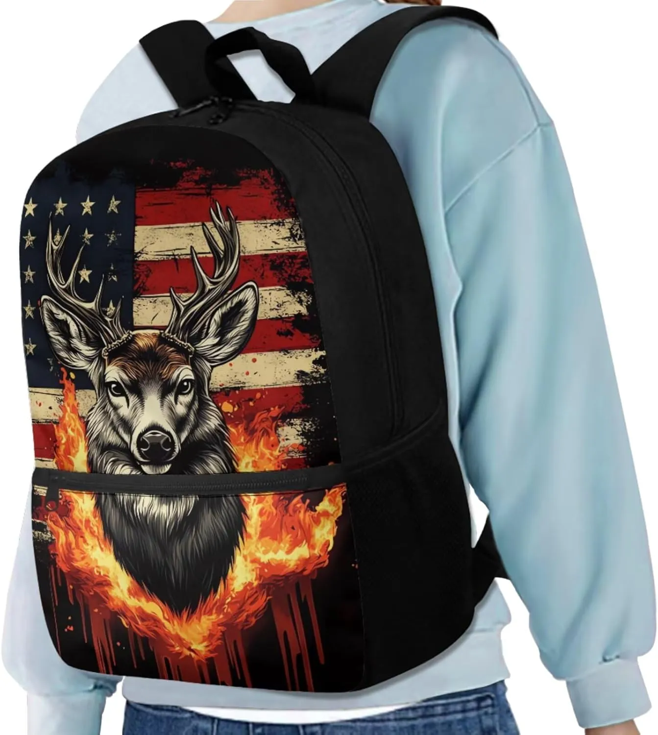 JEOCODY Deer Backpack Boys School Bag with Lunch Bag Water Bottle Holder and Pencil Case Pouch American Flag Deer Hunting Backpack 4 PCS Girls Bookbag Daypack for Travel Hiking
