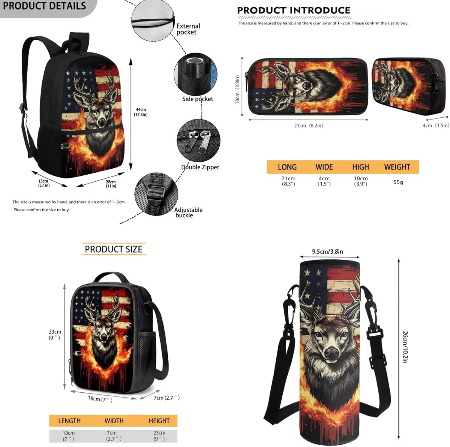 JEOCODY Deer Backpack Boys School Bag with Lunch Bag Water Bottle Holder and Pencil Case Pouch American Flag Deer Hunting Backpack 4 PCS Girls Bookbag Daypack for Travel Hiking