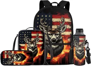 JEOCODY Deer Backpack Boys School Bag with Lunch Bag Water Bottle Holder and Pencil Case Pouch American Flag Deer Hunting Backpack 4 PCS Girls Bookbag Daypack for Travel Hiking