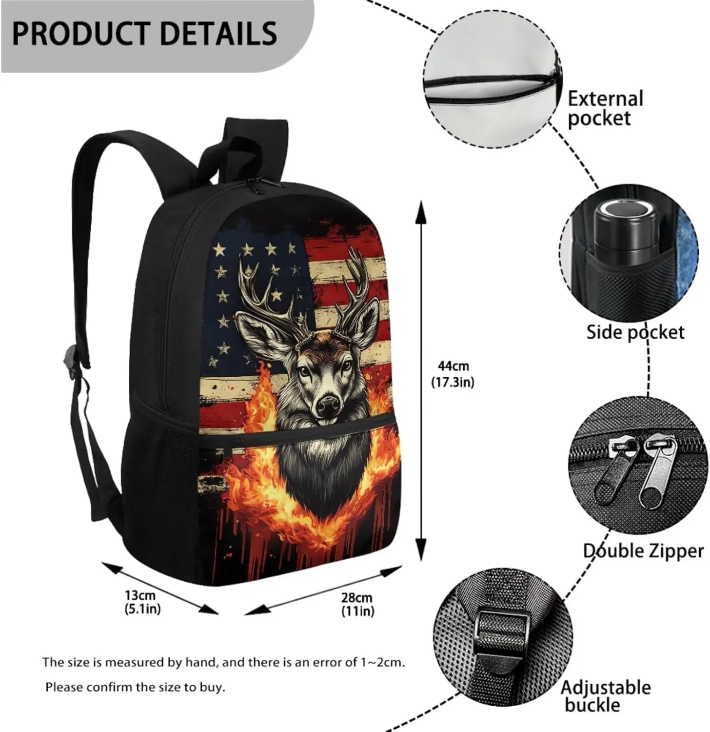 JEOCODY Deer Backpack Boys School Bag with Lunch Bag Water Bottle Holder and Pencil Case Pouch American Flag Deer Hunting Backpack 4 PCS Girls Bookbag Daypack for Travel Hiking