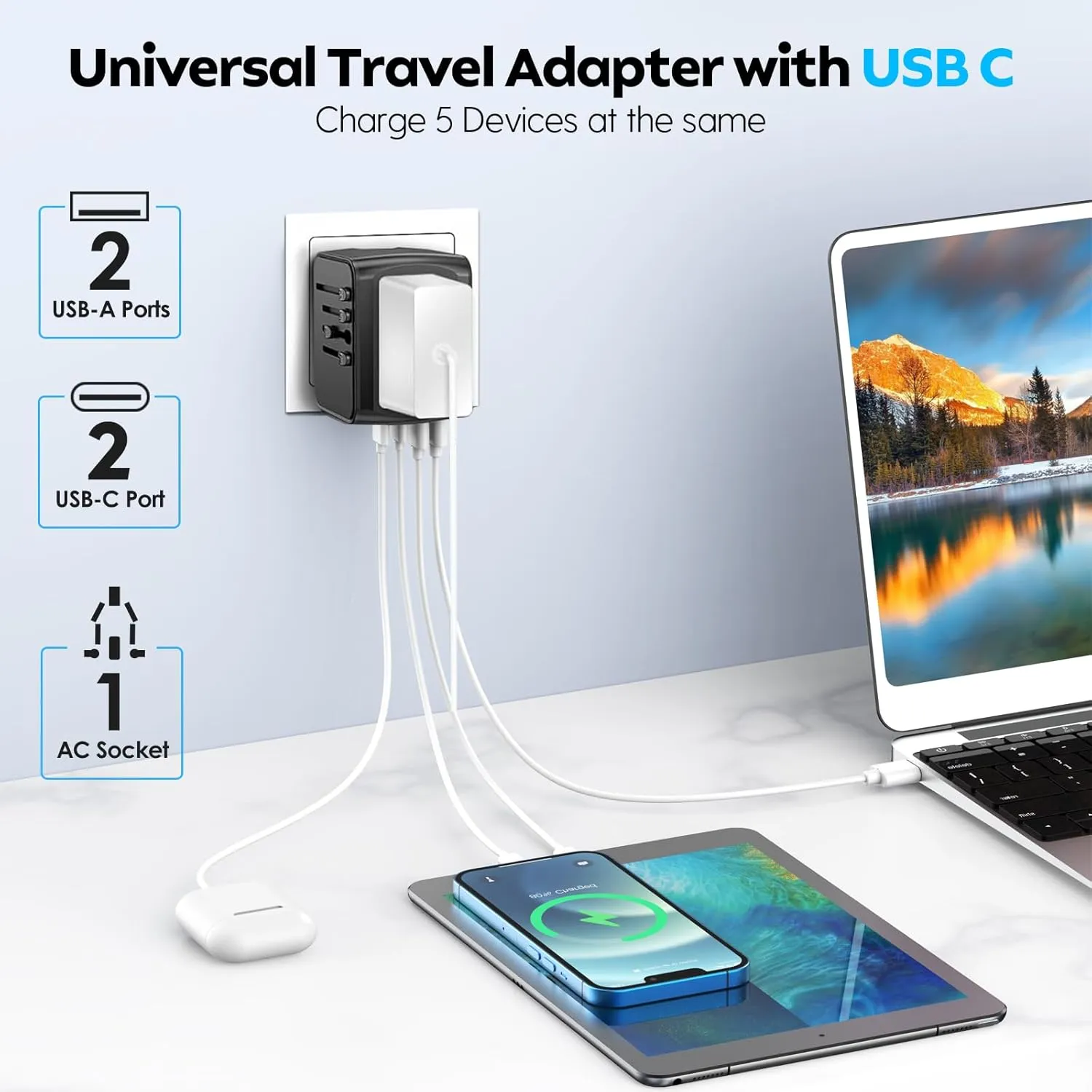 JMFONE Universal Travel Plug Adapter, 5 in 1 European Travel Plug Adapter 2xUSB-A and 2xUSB C Wall Charger with Worldwide AC Outlet,International Power Adapter for Europe USA UK AUS Asia