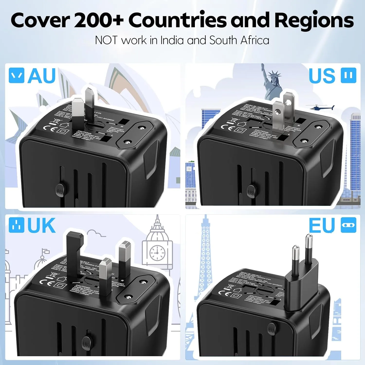 JMFONE Universal Travel Plug Adapter, 5 in 1 European Travel Plug Adapter 2xUSB-A and 2xUSB C Wall Charger with Worldwide AC Outlet,International Power Adapter for Europe USA UK AUS Asia