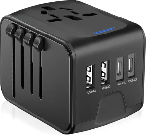 JMFONE Universal Travel Plug Adapter, 5 in 1 European Travel Plug Adapter 2xUSB-A and 2xUSB C Wall Charger with Worldwide AC Outlet,International Power Adapter for Europe USA UK AUS Asia