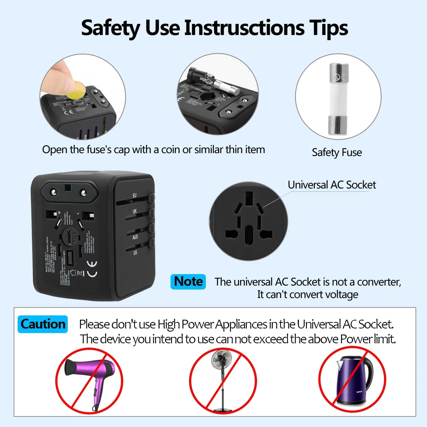 JMFONE Universal Travel Plug Adapter, 5 in 1 European Travel Plug Adapter 2xUSB-A and 2xUSB C Wall Charger with Worldwide AC Outlet,International Power Adapter for Europe USA UK AUS Asia