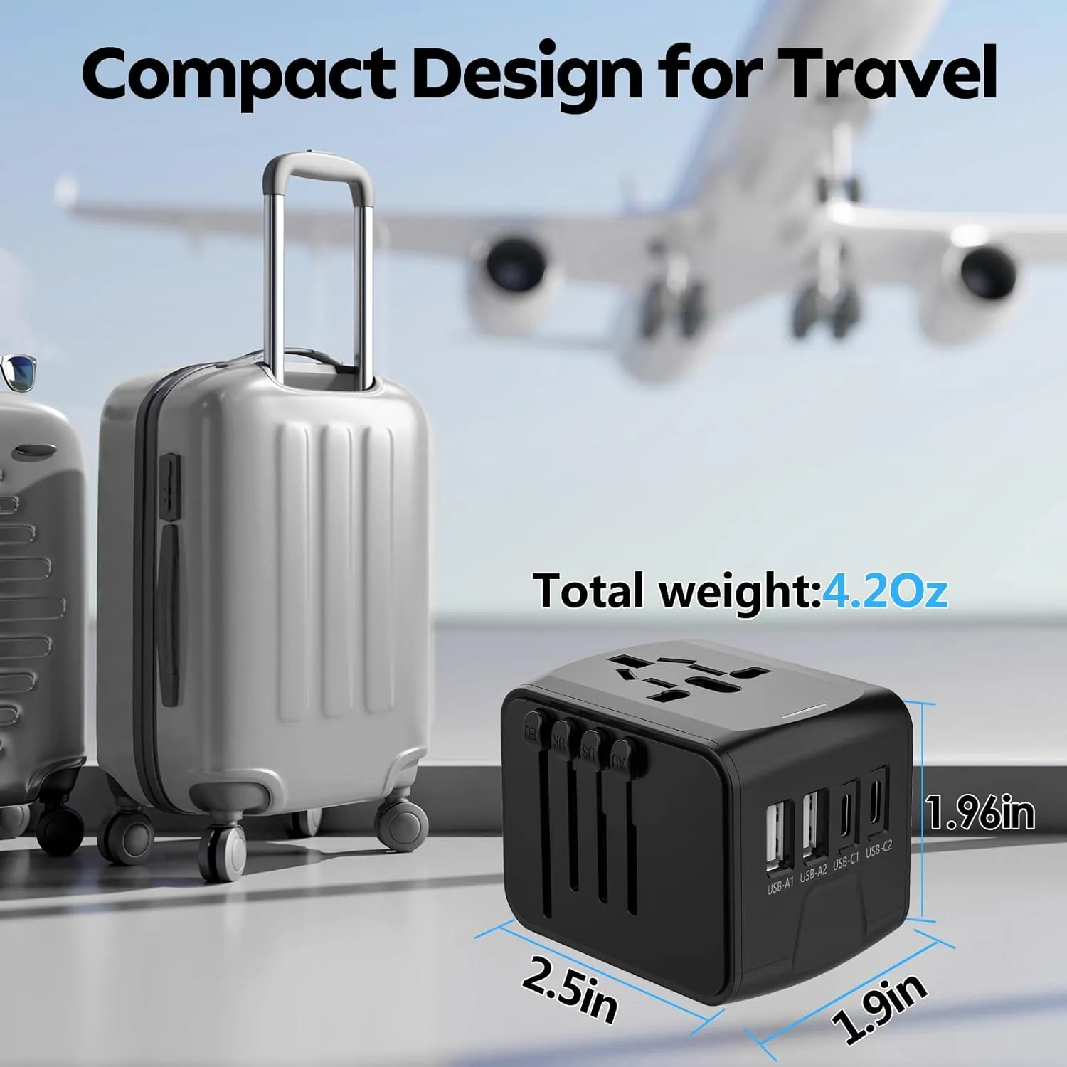 JMFONE Universal Travel Plug Adapter, 5 in 1 European Travel Plug Adapter 2xUSB-A and 2xUSB C Wall Charger with Worldwide AC Outlet,International Power Adapter for Europe USA UK AUS Asia