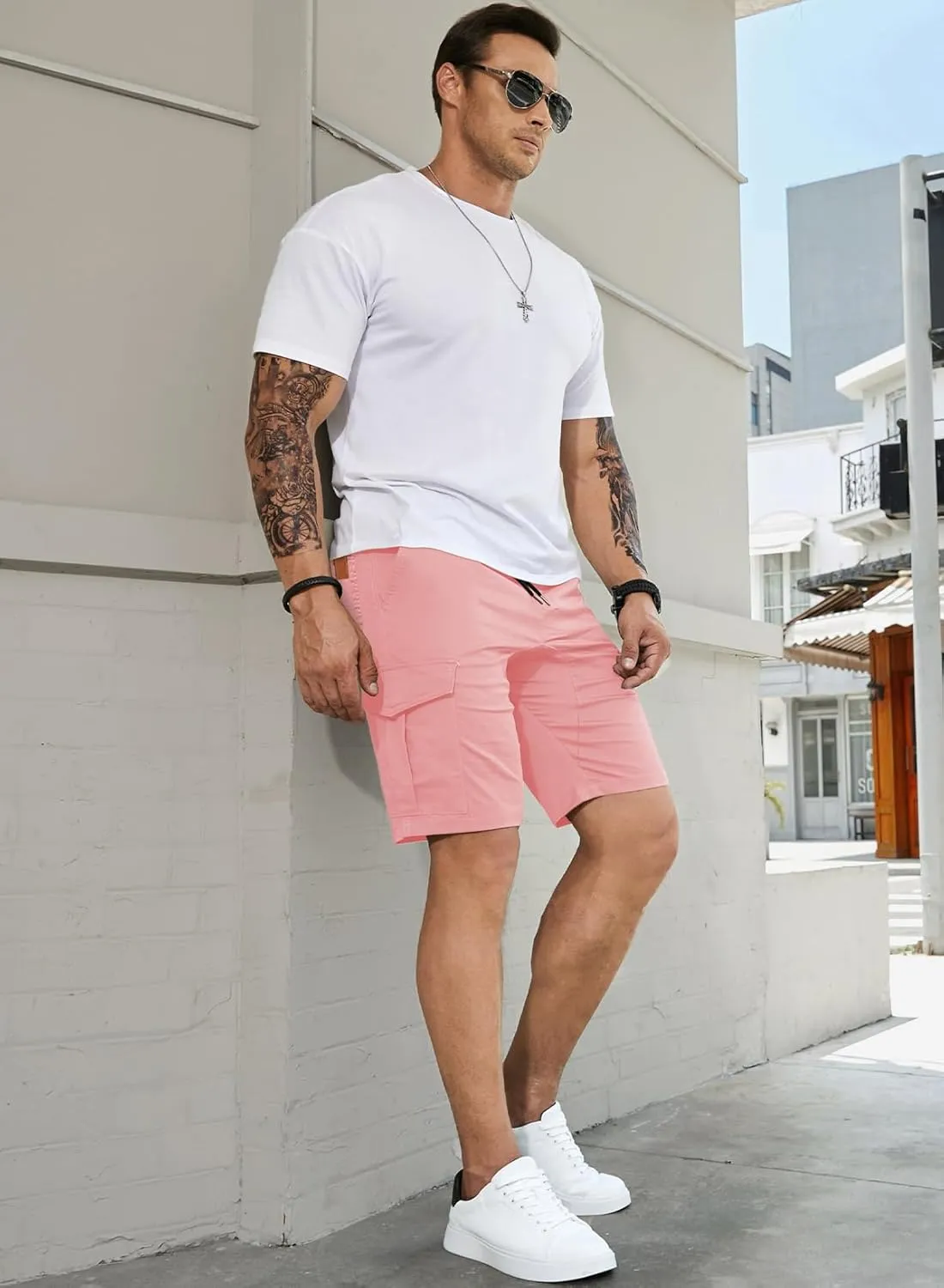 JMIERR Mens Casual Cargo Shorts - Cotton Drawstring Stretch Summer Beach Shorts Twill Chino Short with 6 Pockets