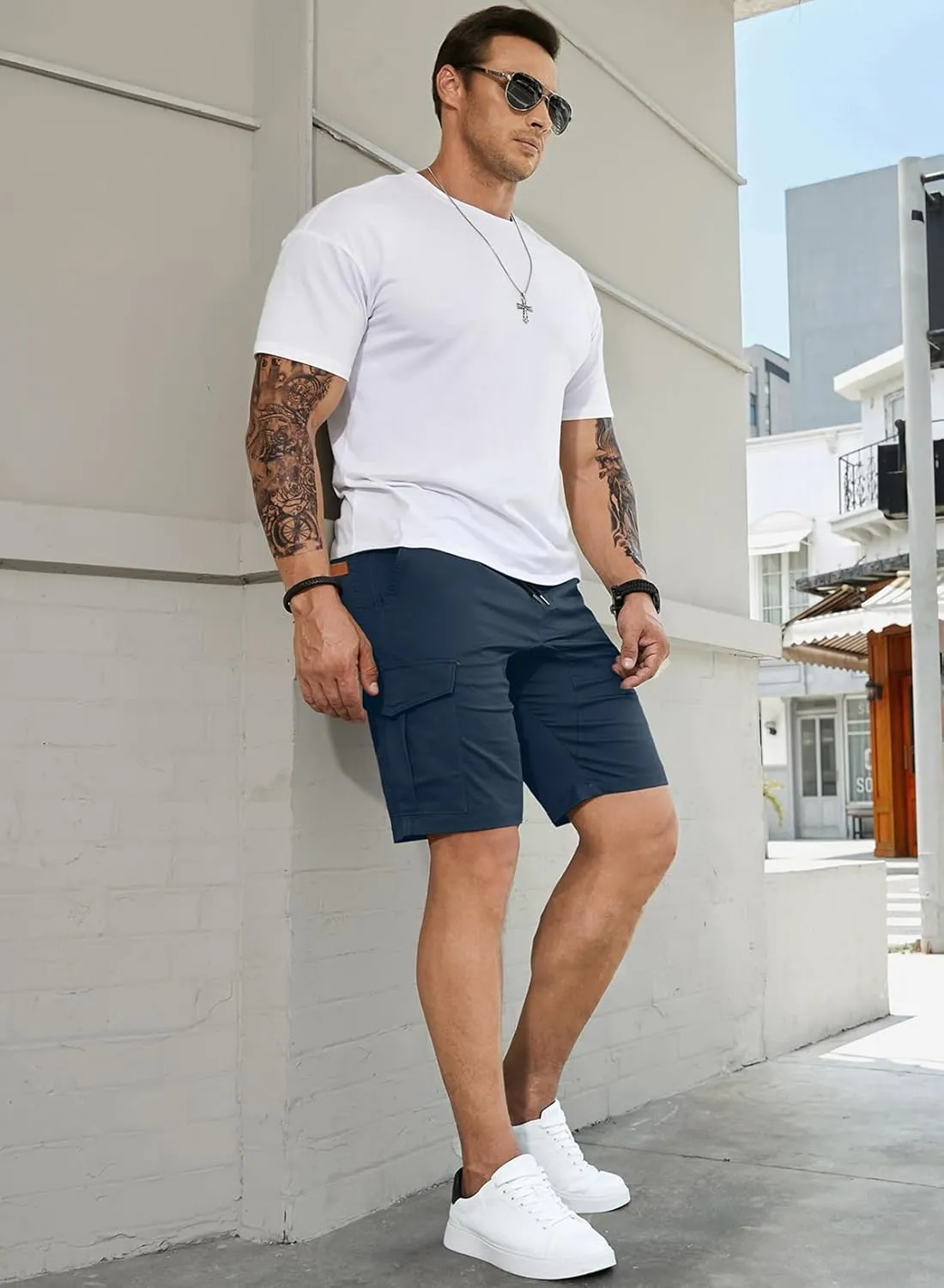 JMIERR Mens Casual Cargo Shorts - Cotton Drawstring Stretch Summer Beach Shorts Twill Chino Short with 6 Pockets
