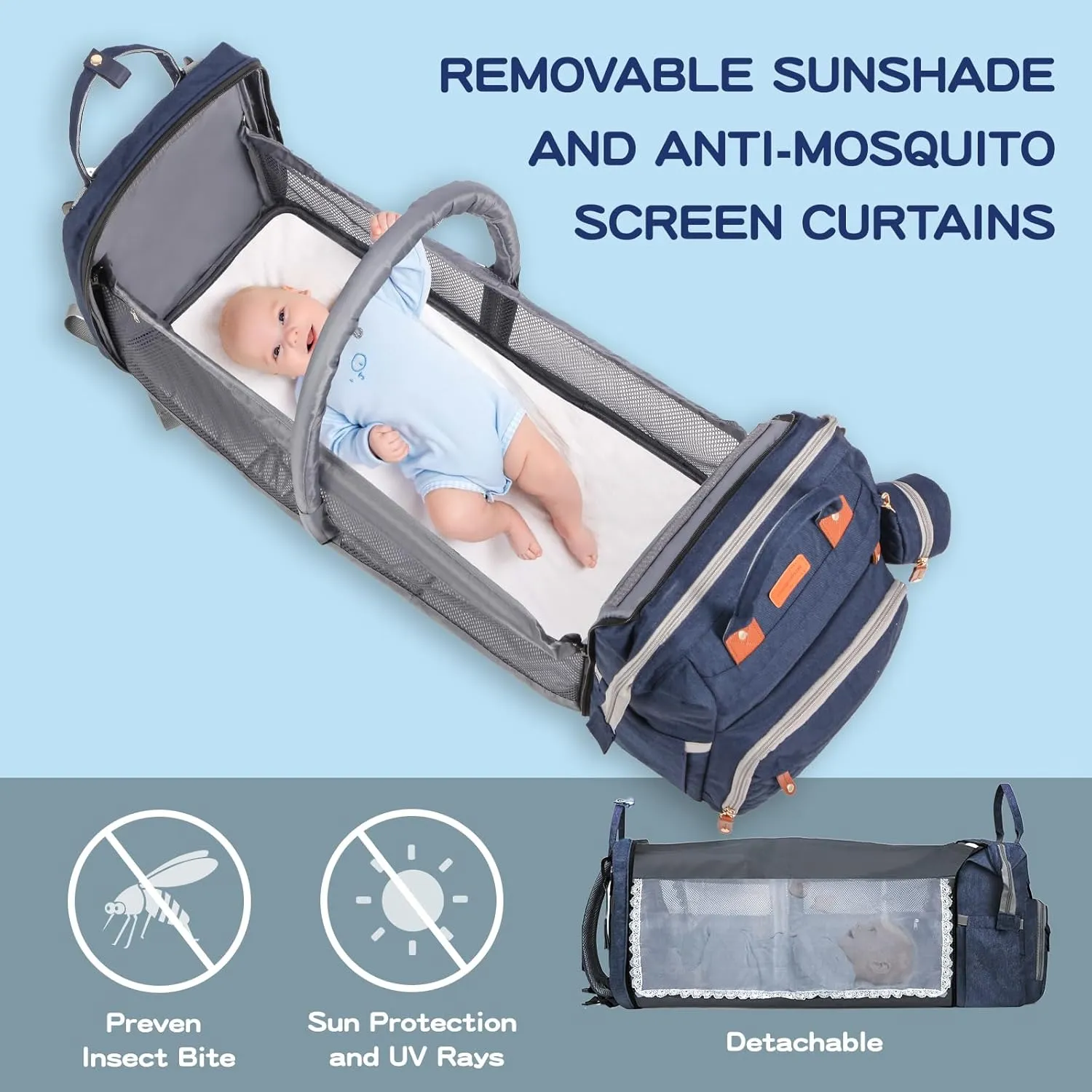 JOYCE Baby Diaper Bag Backpack, with Diaper Changing Station, Multi-functional Travel Diaper Waterproof Backpack, for Baby Boys and Girls, with Foldable Portable Pad and Sunshade (Large Blue)