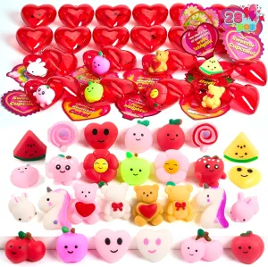 JOYIN 28 Packs Heart Gift Cards with Mochi Squishy Toys and Heart Shells, Stress Relief Fidget, Cute Miniature Novelty Toys for Kids Party Favors and School Exchange