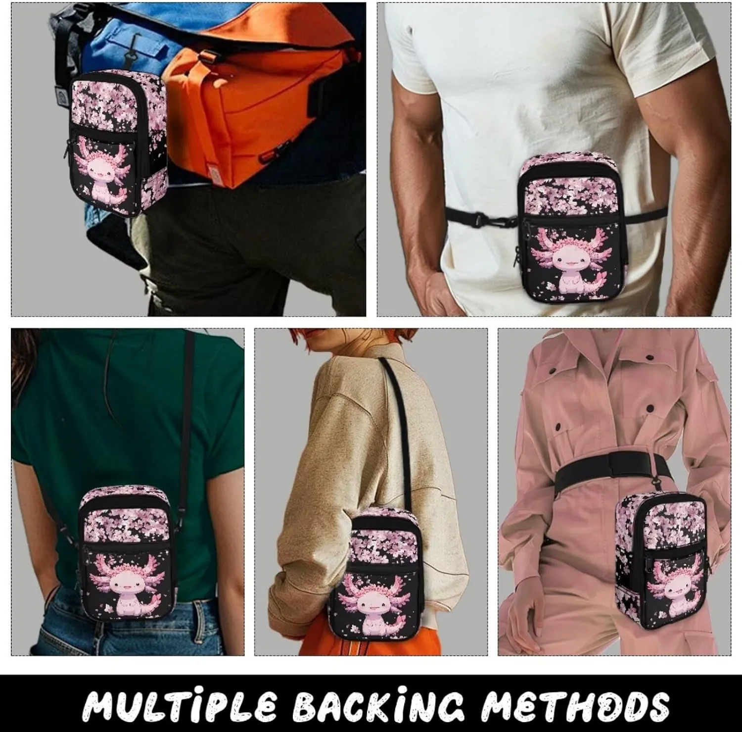 JoyLamoria Large Capacity Sling Bag Satchel Bag Travel Hiking Daypack Shoulder Bag with Strap, Axolotl Cherry Blossoms
