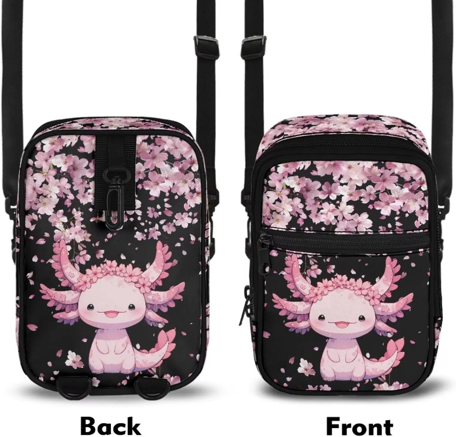 JoyLamoria Large Capacity Sling Bag Satchel Bag Travel Hiking Daypack Shoulder Bag with Strap, Axolotl Cherry Blossoms