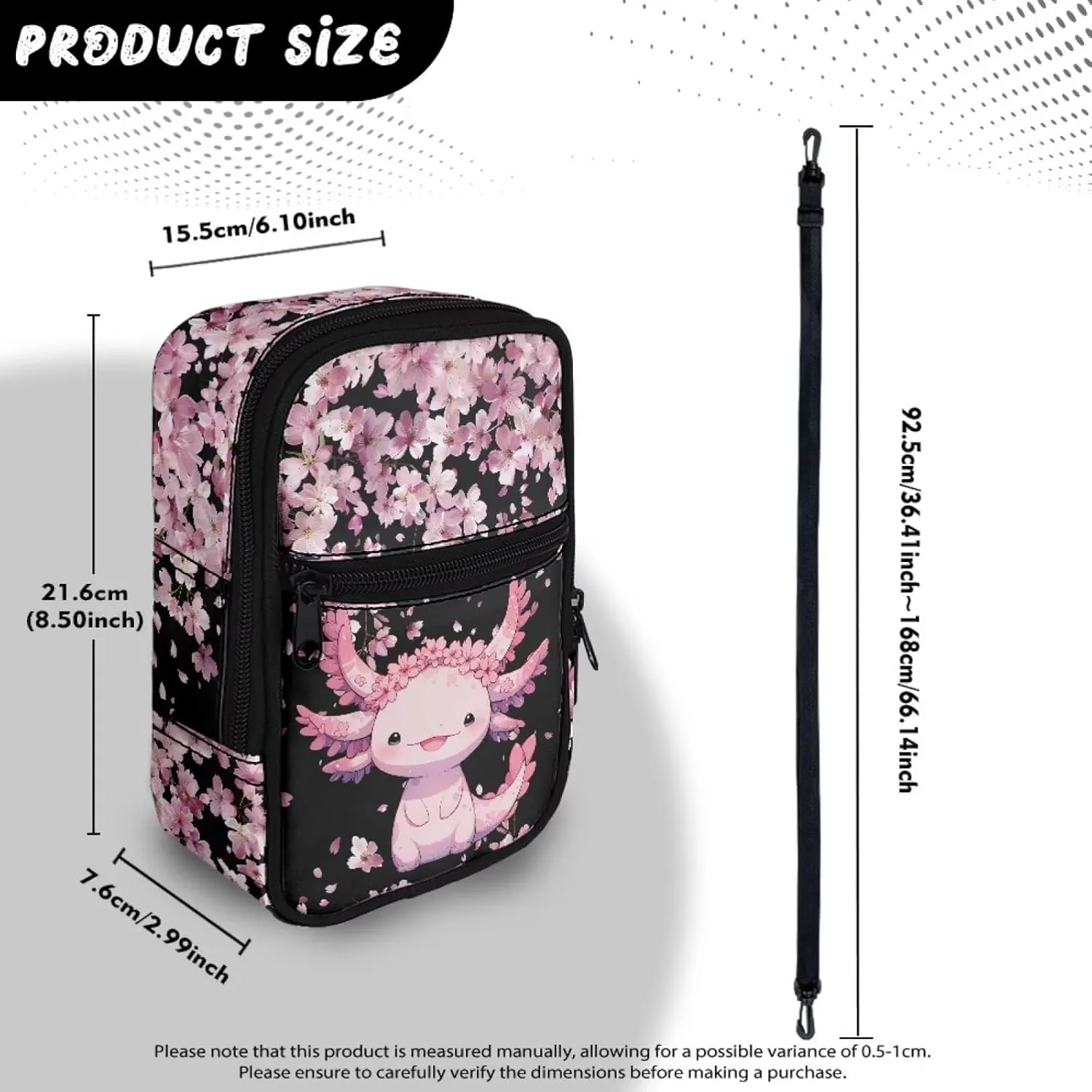 JoyLamoria Large Capacity Sling Bag Satchel Bag Travel Hiking Daypack Shoulder Bag with Strap, Axolotl Cherry Blossoms