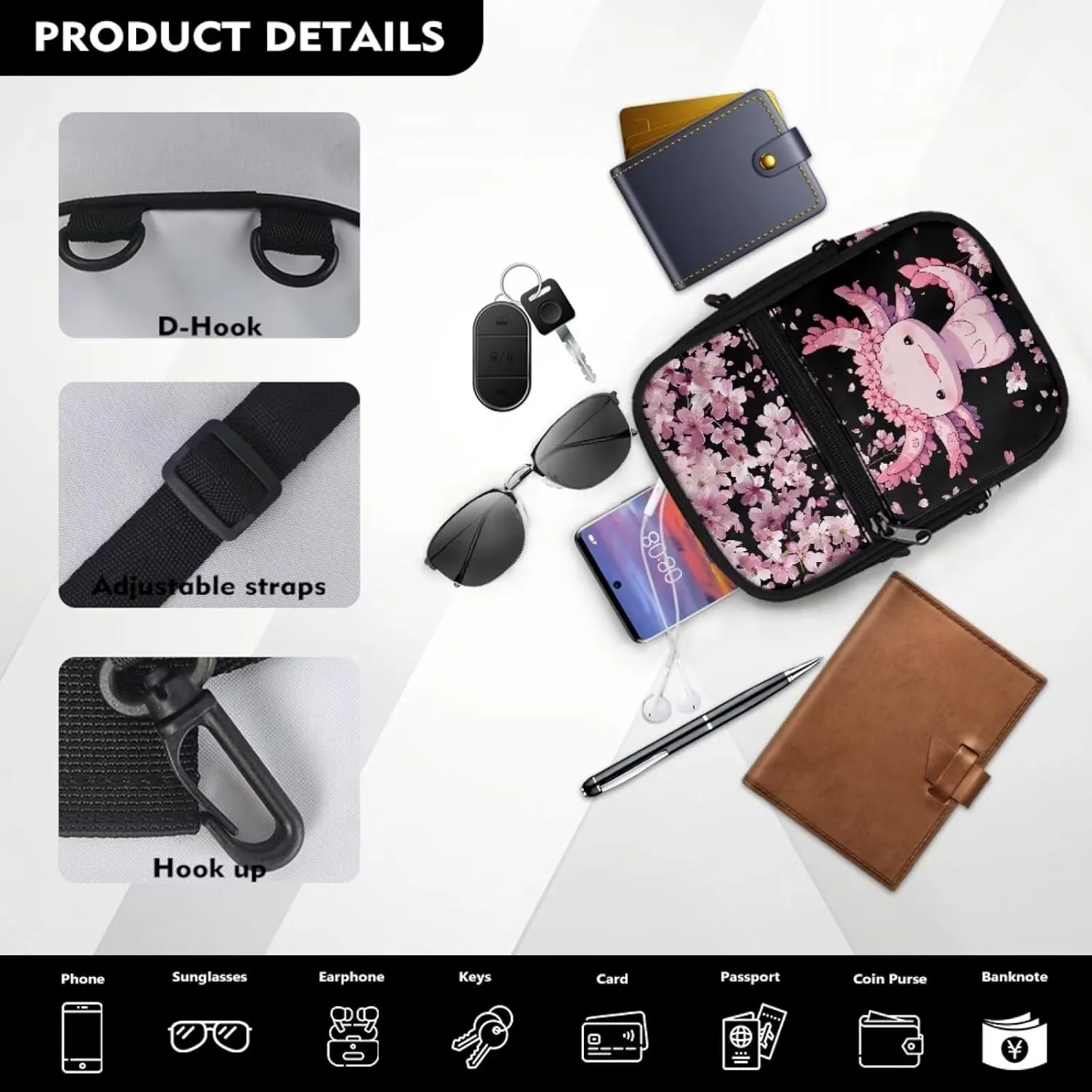 JoyLamoria Large Capacity Sling Bag Satchel Bag Travel Hiking Daypack Shoulder Bag with Strap, Axolotl Cherry Blossoms