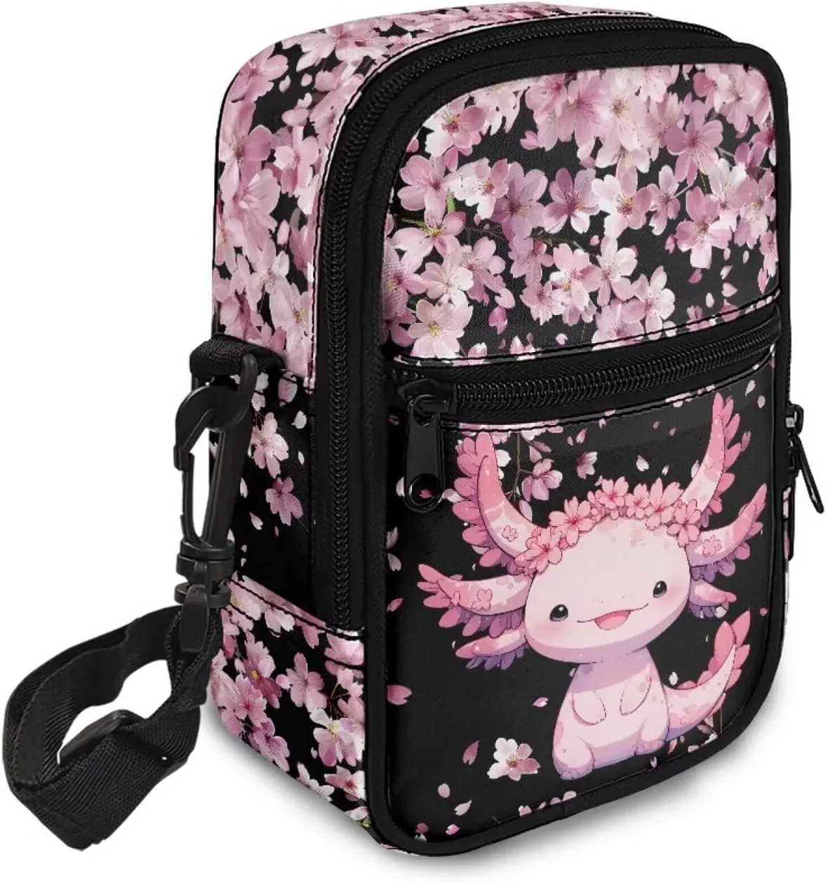 JoyLamoria Large Capacity Sling Bag Satchel Bag Travel Hiking Daypack Shoulder Bag with Strap, Axolotl Cherry Blossoms