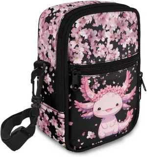 JoyLamoria Large Capacity Sling Bag Satchel Bag Travel Hiking Daypack Shoulder Bag with Strap, Axolotl Cherry Blossoms