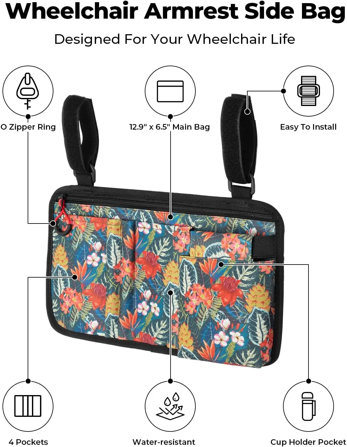 JOYTUTUS Walker Side Bag, Wheelchair Armrest Storage Pouch with Cup Holder, Wheelchair Accessories for Seniors, Walker Bag Cup Holder for Walker, Rollator, Electric Scooter or Wheelchair Green