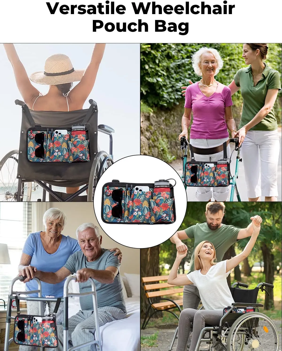 JOYTUTUS Walker Side Bag, Wheelchair Armrest Storage Pouch with Cup Holder, Wheelchair Accessories for Seniors, Walker Bag Cup Holder for Walker, Rollator, Electric Scooter or Wheelchair Green