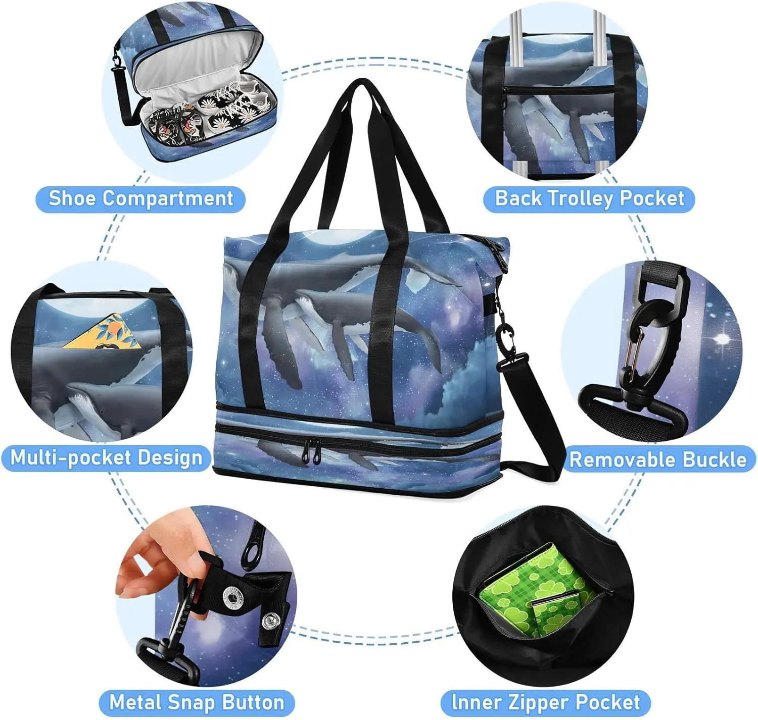JSTEL Sport Tote Bag for Women,Gym Bag Pattern Duffle Bag with Shoe Compartment and Wet Pocket,Ladies Beach Bag Overnight Bag