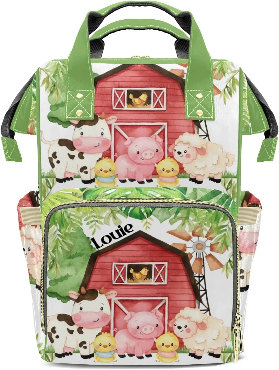 Jungle House Animals Cow Sheep Pig Personalized Large Capacity Diaper Bags,Custom Name Backpack Casual Daypack Bag Nappy Bag Gifts