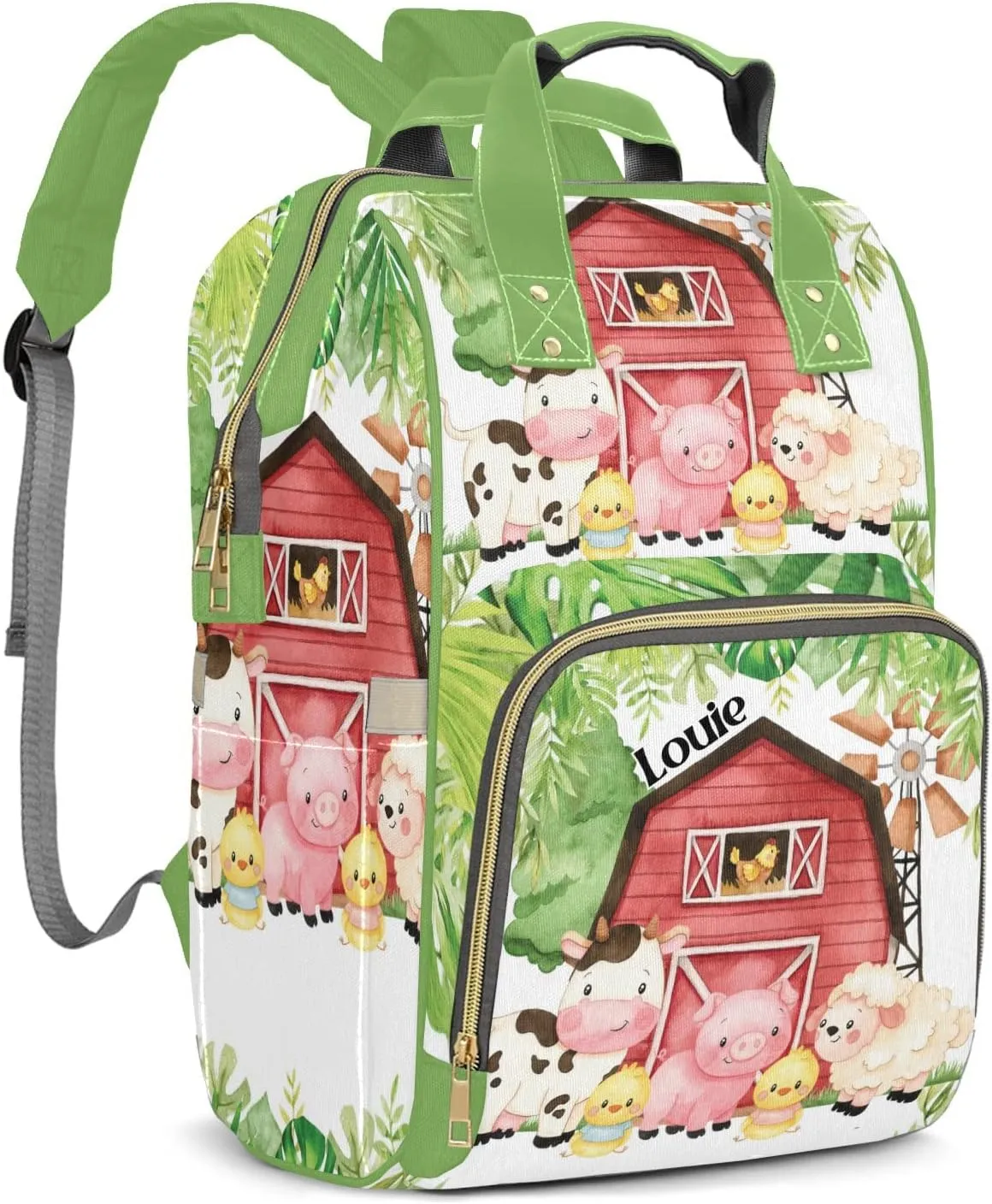 Jungle House Animals Cow Sheep Pig Personalized Large Capacity Diaper Bags,Custom Name Backpack Casual Daypack Bag Nappy Bag Gifts