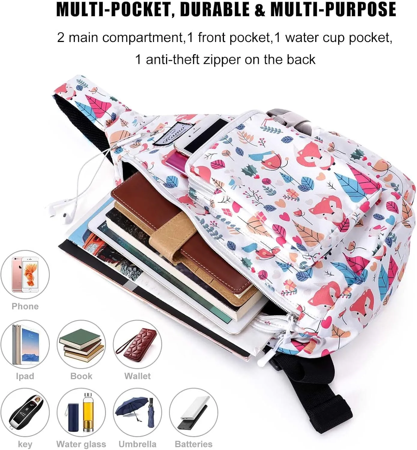 Kamo Sling Backpack Chest Shoulder Bag Crossbody Cycling Travel Hiking Daypack for Men Women With Earphone Hole