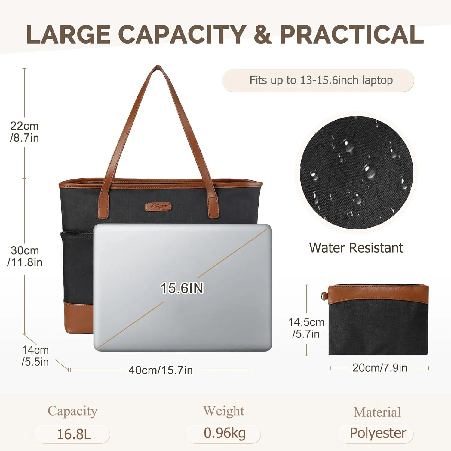 Kasqo Laptop Tote Bag for Women, 15.6" Water Resistant Shockproof Large Shoulder Work Teacher Bag with Luggage Sleeve