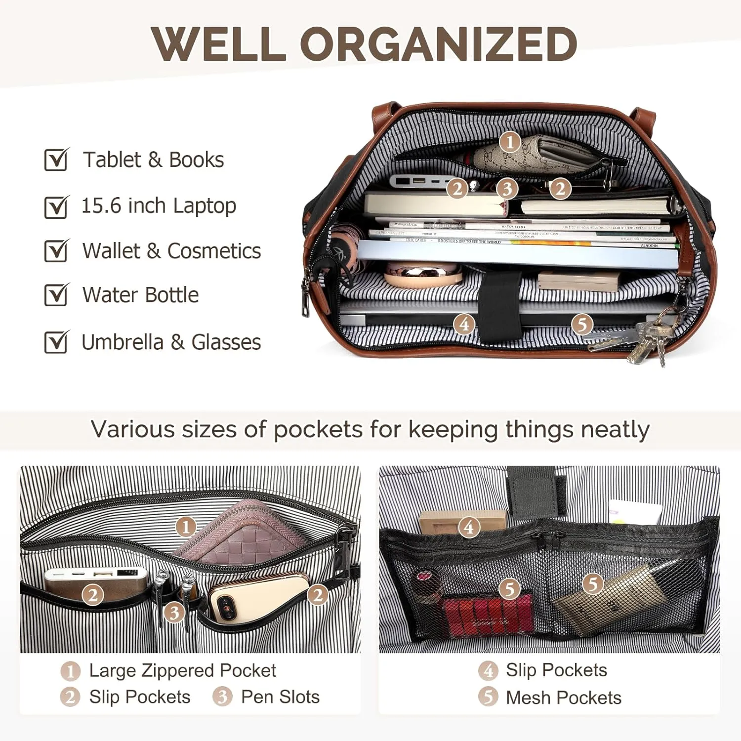 Kasqo Laptop Tote Bag for Women, 15.6" Water Resistant Shockproof Large Shoulder Work Teacher Bag with Luggage Sleeve