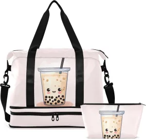 Kawaii Bubble Tea Gym Bag for Women & Men,Duffel Bag with Shoe Pocket,Weekender Overnight Bag with Trolley Sleeve for Travel 21217174