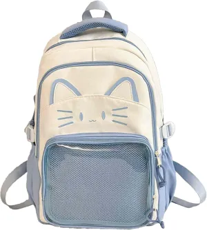 Kawaii Cat Ita Bag Backpack with Pin Badge Display Stylish Travel Bag for Women, Lightweight Design for Fashion Lovers (Blue)