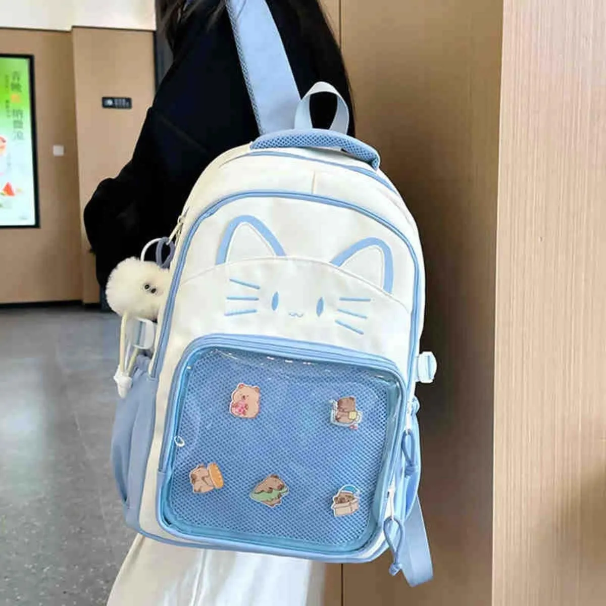 Kawaii Cat Ita Bag Backpack with Pin Badge Display Stylish Travel Bag for Women, Lightweight Design for Fashion Lovers (Blue)