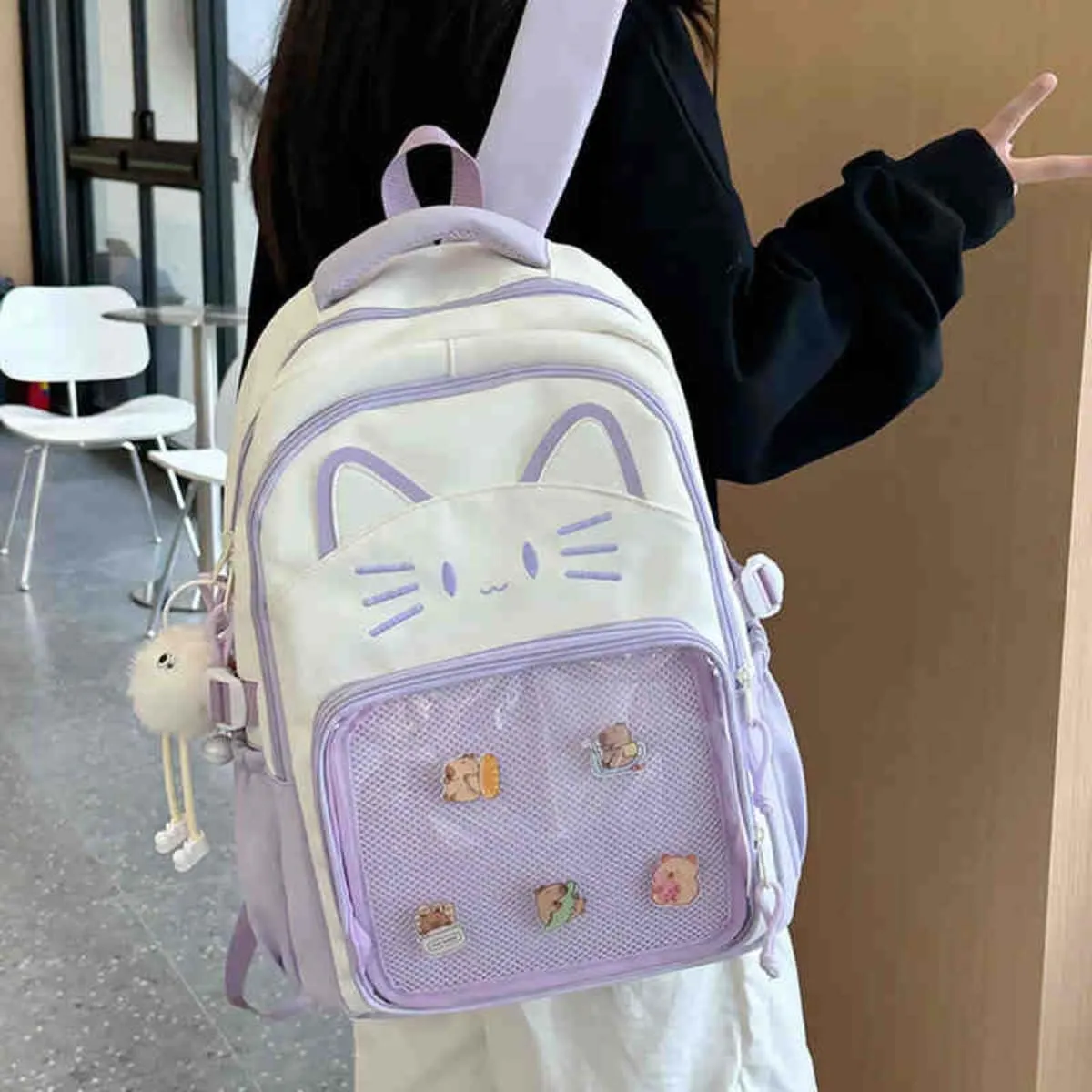 Kawaii Cat Ita Bag Backpack with Pin Badge Display Stylish Travel Bag for Women, Lightweight Design for Fashion Lovers (Blue)