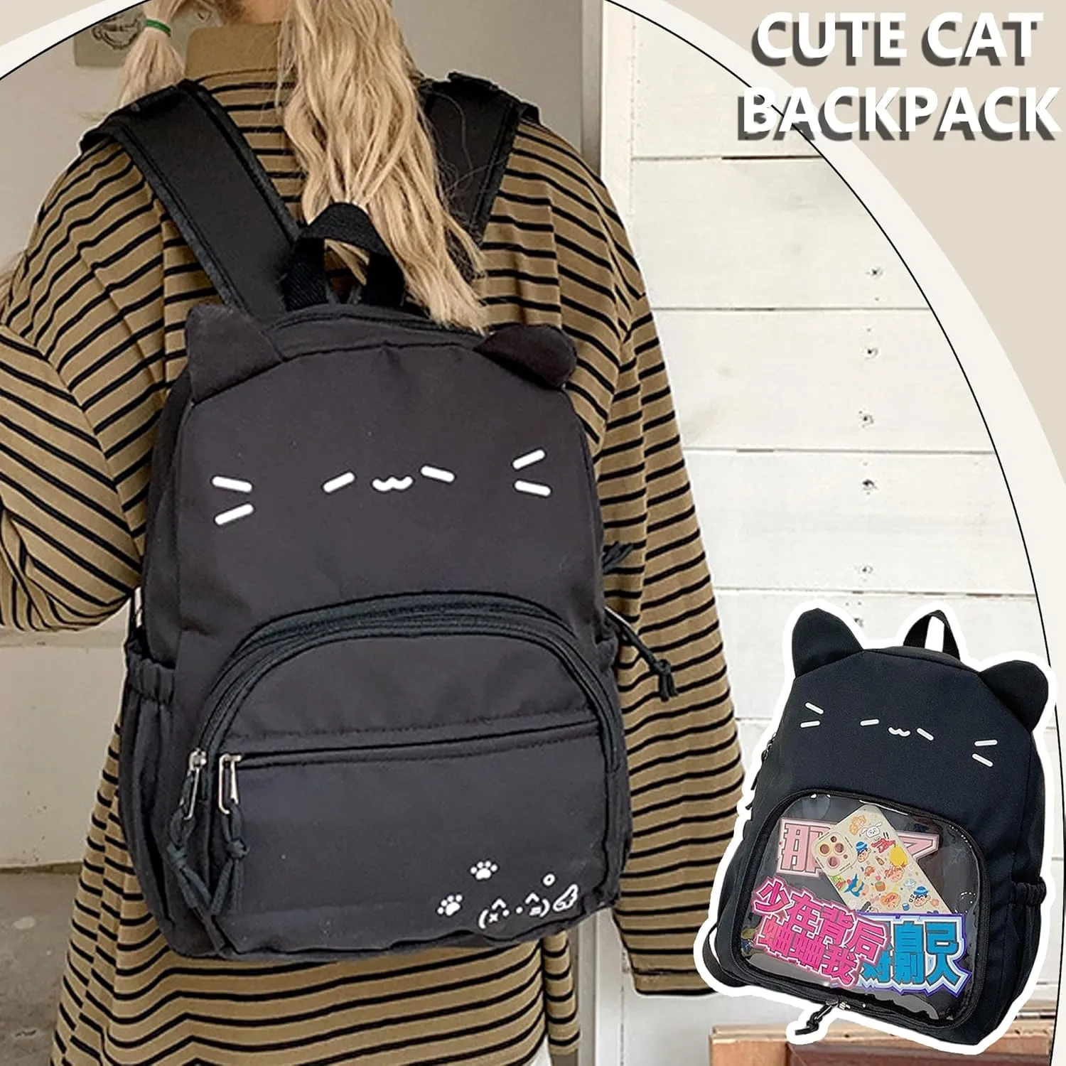 Kawaii Chick Backpack with Detachable Front Pocket Casual Comic Cat Face Design Ita Bag for Conventions and Everyday Use 13L (Black-Cat)