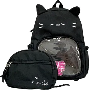 Kawaii Chick Backpack with Detachable Front Pocket Casual Comic Cat Face Design Ita Bag for Conventions and Everyday Use 13L (Black-Cat)