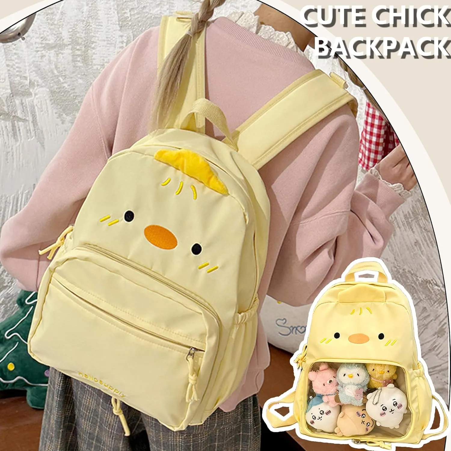 Kawaii Chick Backpack with Detachable Front Pocket Casual Comic Cat Face Design Ita Bag for Conventions and Everyday Use 13L (Yellow-Chick)
