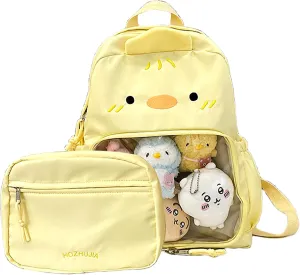 Kawaii Chick Backpack with Detachable Front Pocket Casual Comic Cat Face Design Ita Bag for Conventions and Everyday Use 13L (Yellow-Chick)