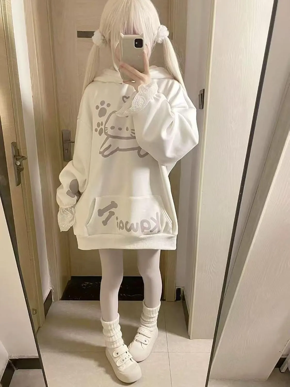 Kawaii Hoodie with Cat Ears Teens Japanese Cute Anime Cartoon Graphic Hooded Sweatshirt Fleece Pullover Tops