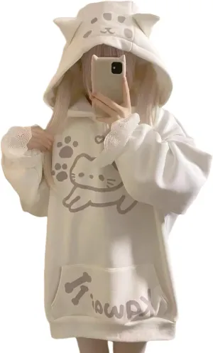 Kawaii Hoodie with Cat Ears Teens Japanese Cute Anime Cartoon Graphic Hooded Sweatshirt Fleece Pullover Tops
