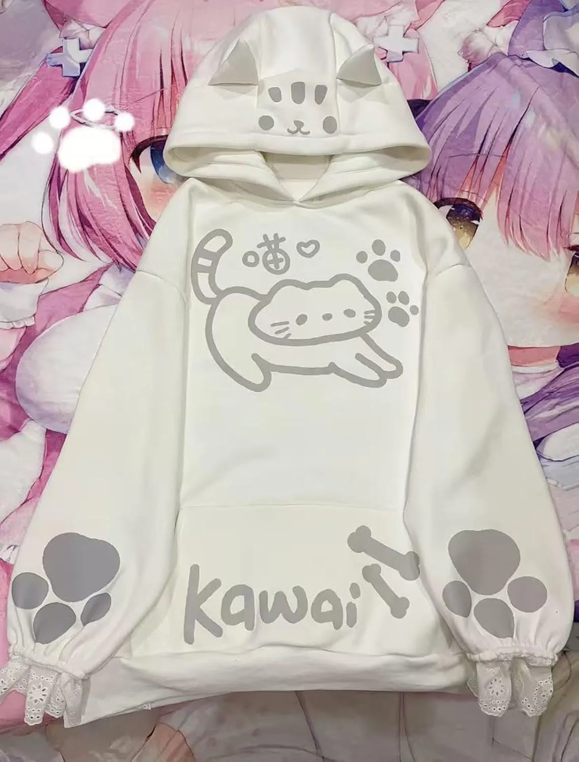 Kawaii Hoodie with Cat Ears Teens Japanese Cute Anime Cartoon Graphic Hooded Sweatshirt Fleece Pullover Tops