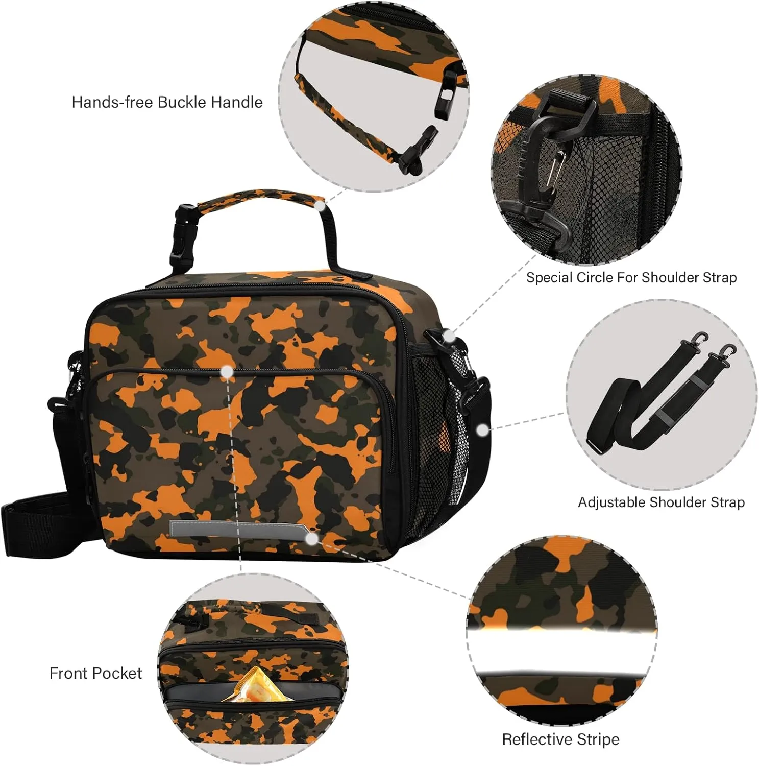 Kcldeci Orange and Brown Fashion Camo Lunch Bag for Women Men Insulated Lunch Box for Adult Reusable Lunch Tote Bag for Work, Picnic, School or Travel