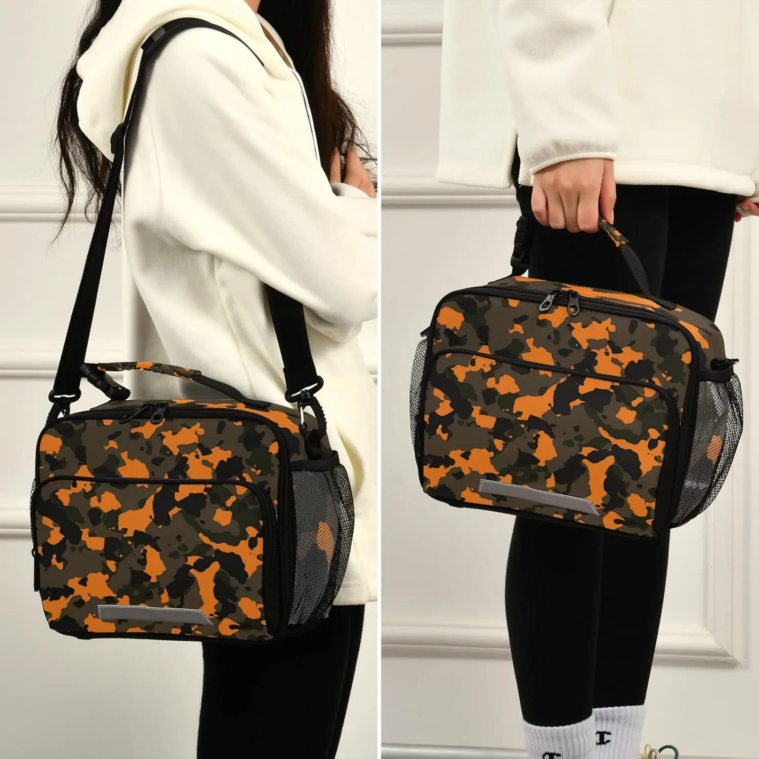 Kcldeci Orange and Brown Fashion Camo Lunch Bag for Women Men Insulated Lunch Box for Adult Reusable Lunch Tote Bag for Work, Picnic, School or Travel
