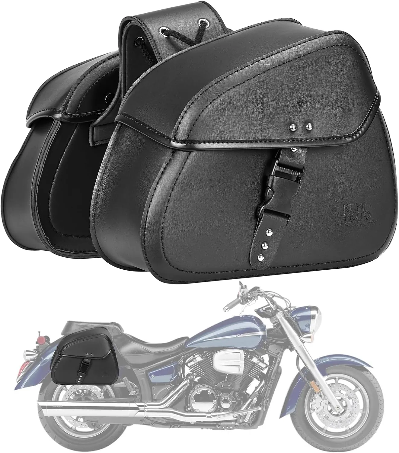 KEMIMOTO Motorcycle Saddlebags with Buckles, 16L Waterproof Throw Over Saddlebags, PU Leather Saddlebags for Sportster Softail Dyna V-star Shadow, Universal Motorcycle Accessories, Black
