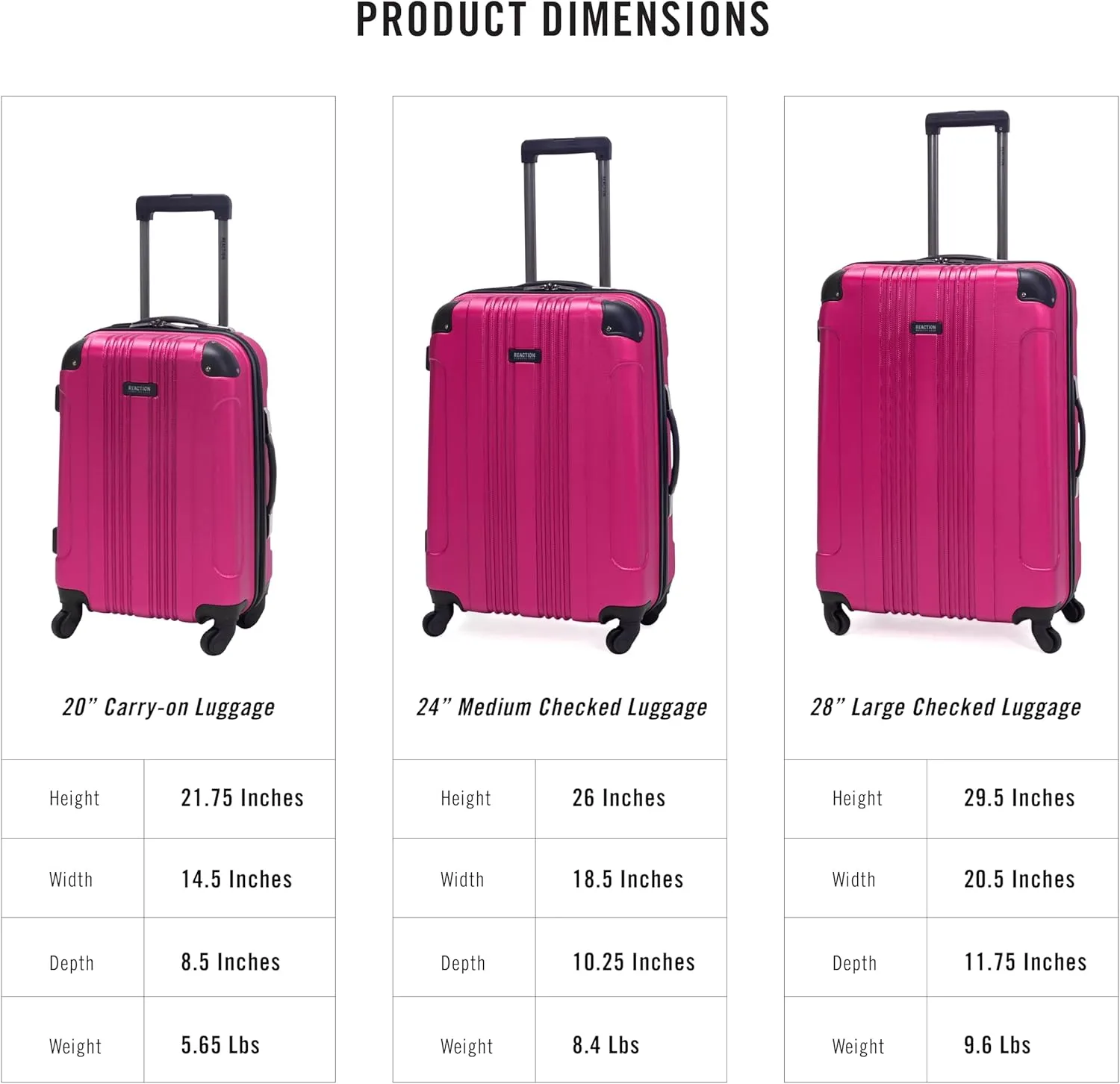 Kenneth Cole REACTION Out of Bounds Lightweight Hardshell 4-Wheel Spinner Luggage, Magenta, 24-Inch Checked