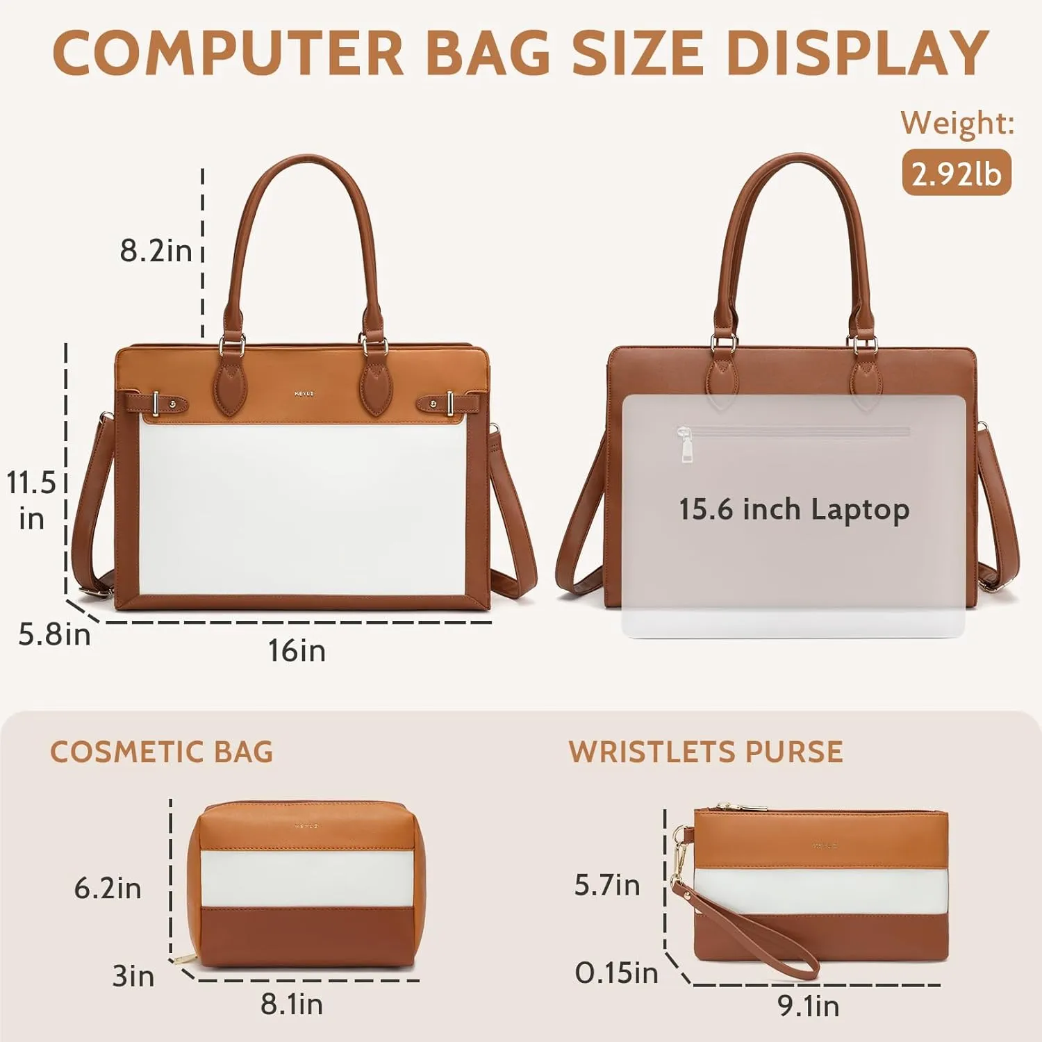 Keyli 3pc Laptop Tote Bag for Women 15.6 Inch Work Bag Business Computer Briefcase Waterproof Leather Messenger Bags Purses