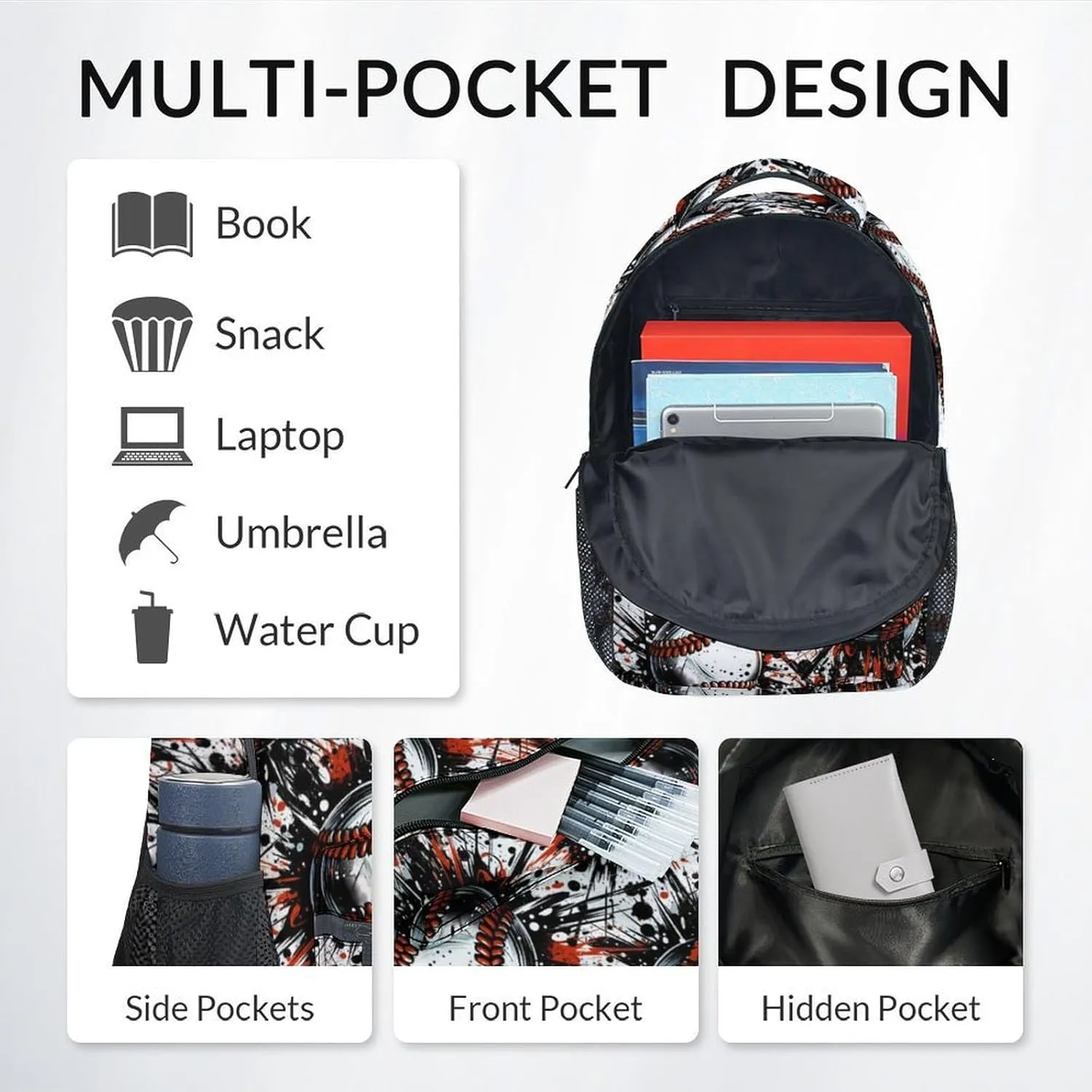 Kid Backpack for Boys - Baseball Bookbag - Lightweight Durable Large Capacity - 17 Inch Black Bookbag for School, Travel and Camp