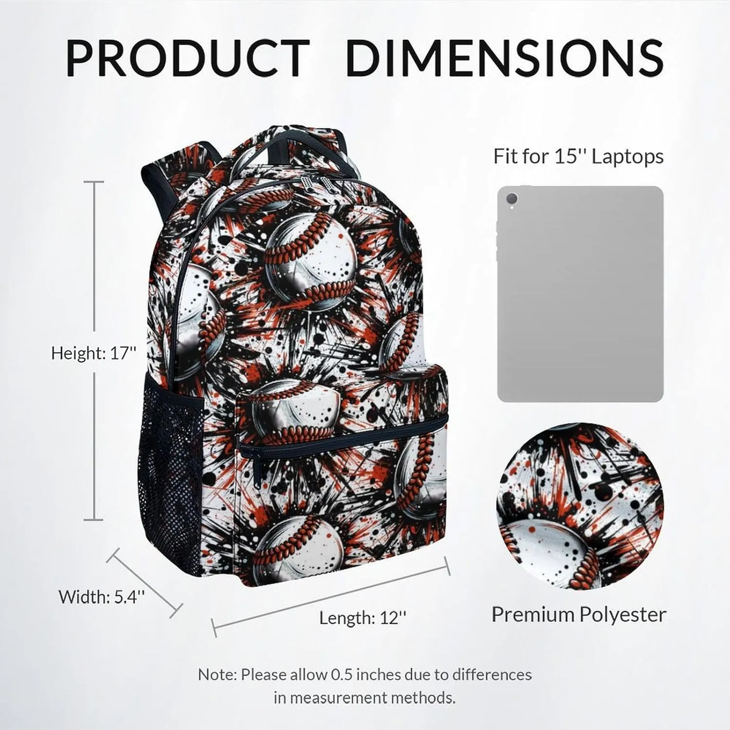 Kid Backpack for Boys - Baseball Bookbag - Lightweight Durable Large Capacity - 17 Inch Black Bookbag for School, Travel and Camp