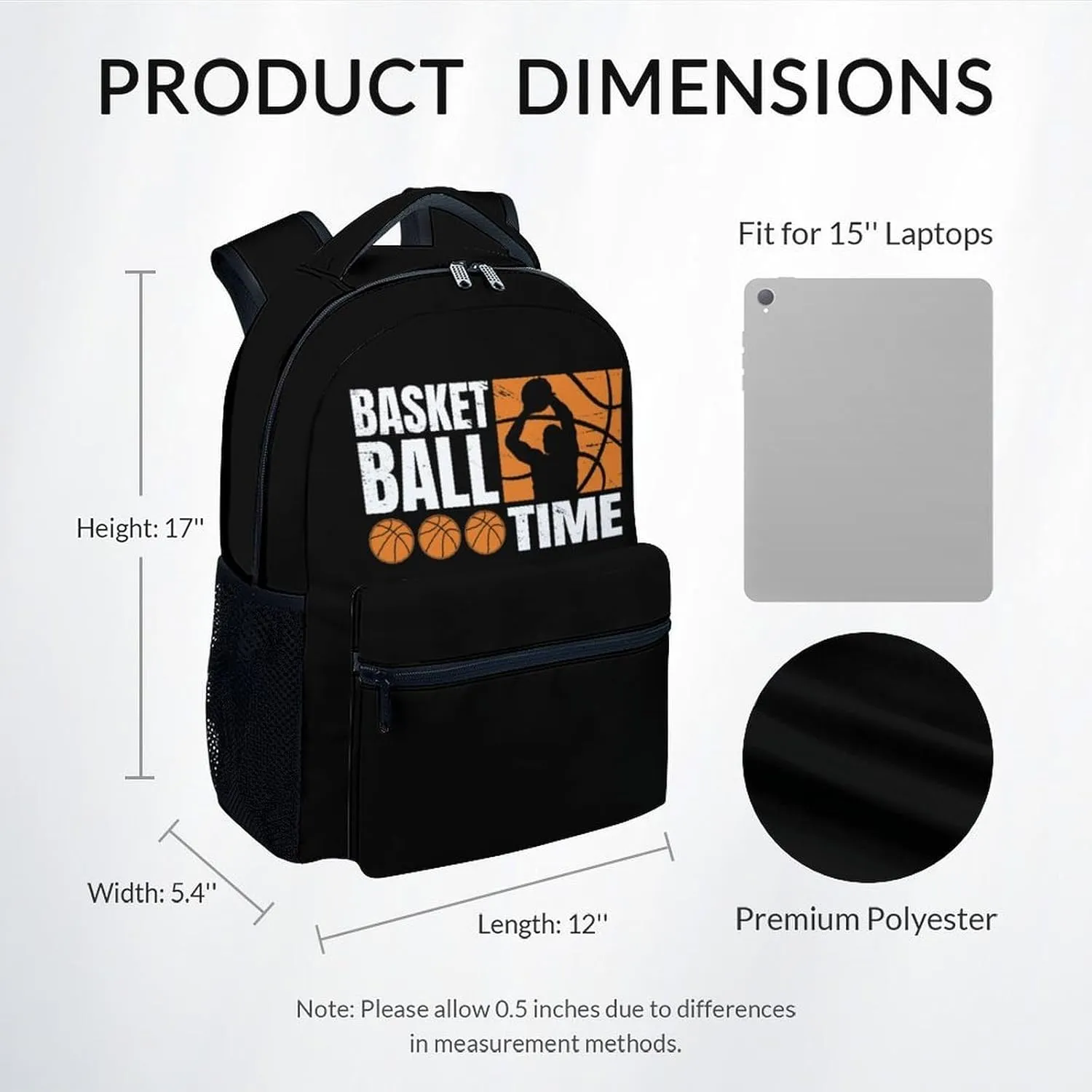 Kid Backpack for Boys - Basketball Schoolbag - Lightweight Durable Large Capacity - 17 Inch Black Bookbag for School, Travel and Camp