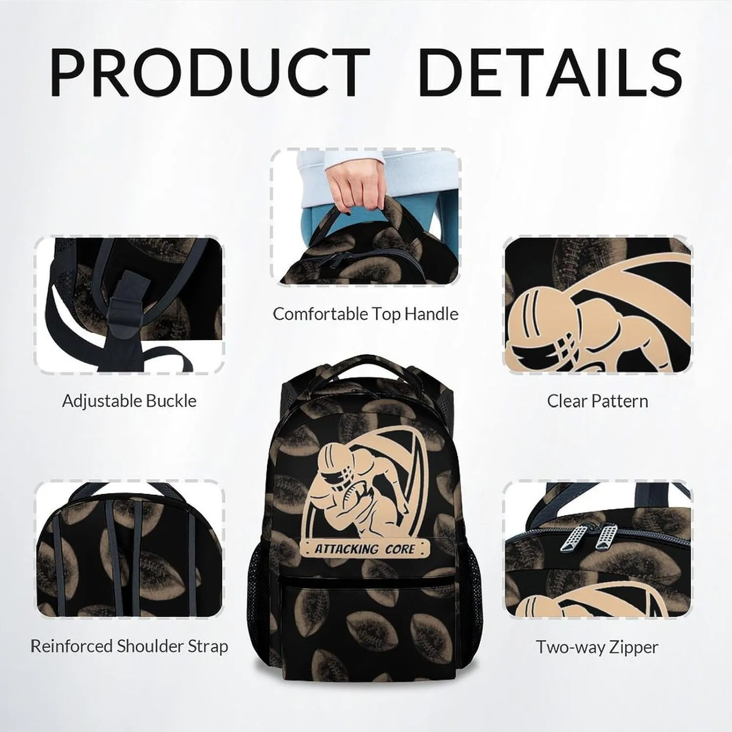 Kid Backpack for Boys - Football Bookbag - Lightweight Durable Large Capacity - 17 Inch Black Bookbag for School, Travel and Camp