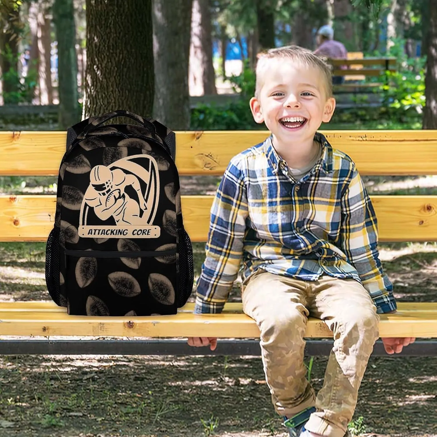 Kid Backpack for Boys - Football Bookbag - Lightweight Durable Large Capacity - 17 Inch Black Bookbag for School, Travel and Camp