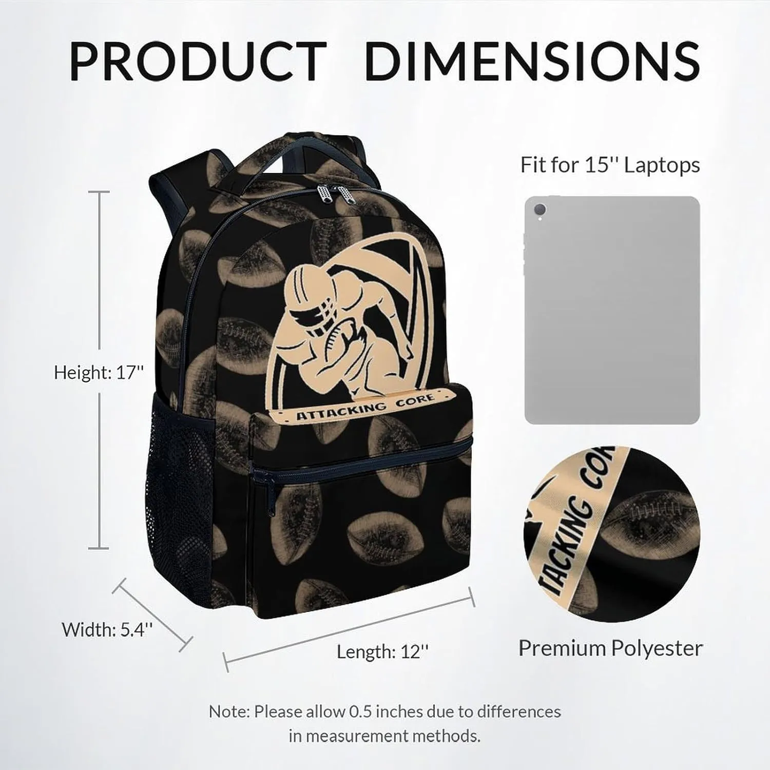 Kid Backpack for Boys - Football Bookbag - Lightweight Durable Large Capacity - 17 Inch Black Bookbag for School, Travel and Camp